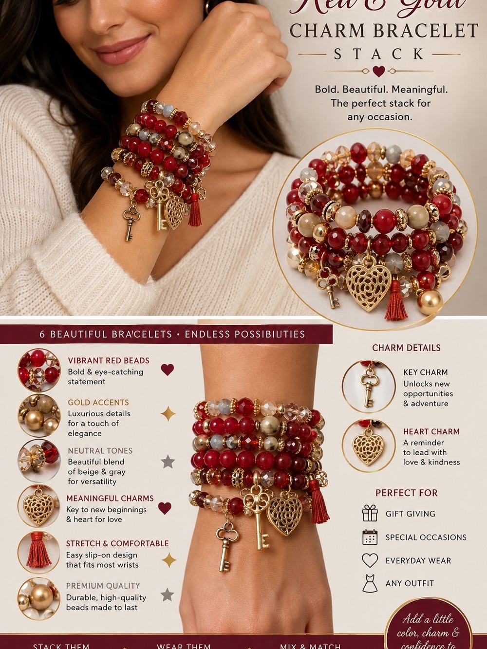 Red & Gold Charm Bracelet Stack - Women Jewelry